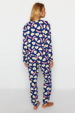 Lacivert %100 Pamuklu Kahvalt? Desenli Tshirt-Pantolon Orme Pijama Tak?m? THMAW24PT00102