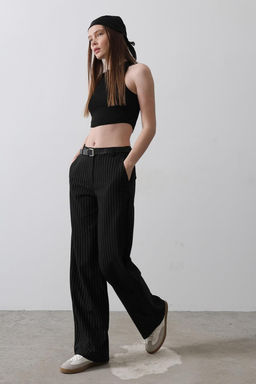 Siyah Kemerli Cizgili Wide Leg/Genis Paca Pantolon TWOAW26PL00108