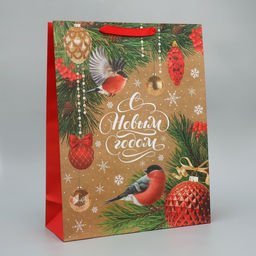 Пакет крафтовый вертикальный Снегири, L 31 40 11.5 см