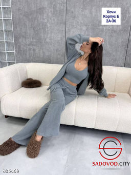 Костюм тройка: кардиган, топ, брюки клёш