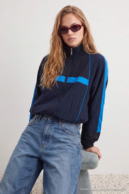 Lacivert Oversize Kal_p Renk Bloklu Yazl_k Mont TWOAW27MO00136