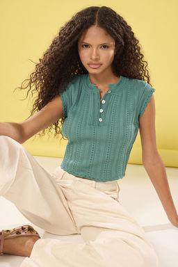 Yesil Crop Bisiklet Yaka Ajurlu Ince Bluz TWOSS25BZ00310