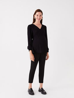 V Yaka Kendinden Desenli Uzun Kollu Vual Hamile Bluz