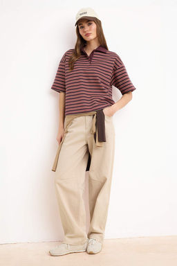 Bordo Cizgili Oversize Kal?p Polo Yaka Dokuma Detayl? Tok Interlok Orme T-Shirt TWOSS26TS00030