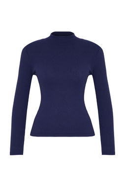 Lacivert Fitted/Vucuda Oturan Dik Yaka Uzun Kol Fitilli Esnek Orme Bluz TWOAW21BZ0423
