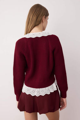 Bordo Crop Gomlek Garnili Detayl? V Yaka Triko H?rka TWOAW24HI00221