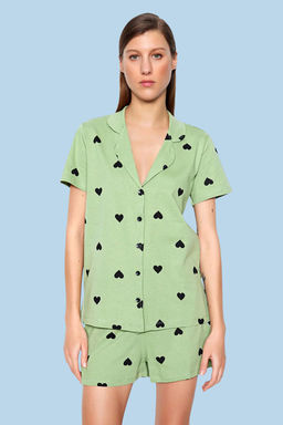 Trendyolmilla Ekru-Cok Renkli %100 Pamuklu Kalpli Sortlu Orme Pijama Tak?m? THMSS21PT0756