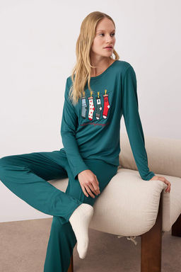 Yesil Eglenceli Nak?sl? Yumusak Tuse Orme Pijama Tak?m? THMAW26PT00188