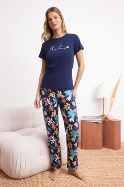 Trendyolmilla Pembe %100 Pamuklu Cicekli Sloganl? Orme Pijama Tak?m? THMSS25PT00378 фото 9