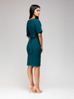 Платье изумрудное длины мини с поясом и рукавом летучая мышь - 1001dress фото 4