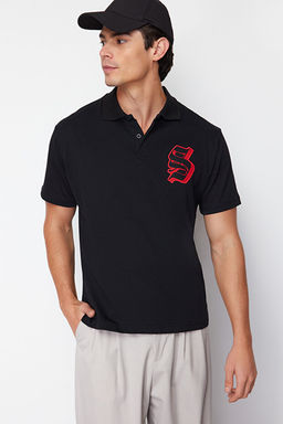 Siyah Oversize/Geni_ Kesim Harf Nak__l_ Polo Yaka T-shirt TMNSS24PO00025 - Trendyolmilla фото 2