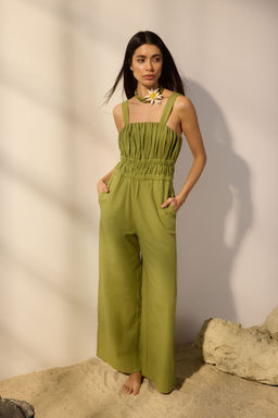 TRENDYOLMILLA Haki Keten Kar?s?ml? Genis Paca Kare Yaka Lastik Detayl? Tulum TWOSS25TU00050 фото 2