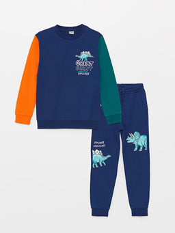 Bisiklet Yaka Bask?l? Uzun Kollu Erkek ?ocuk Sweatshirt ve E?ofman Alt?