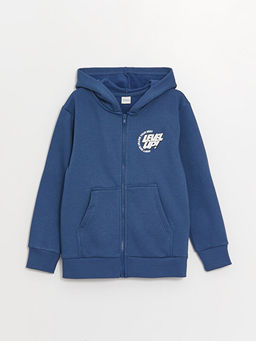 Kap??onlu Bask?l? Uzun Kollu Erkek ?ocuk Fermuarl? Sweatshirt