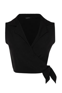 Siyah Baglamal? Crop Dokuma Keten Gorunumlu Bluz TWOSS23BZ00550