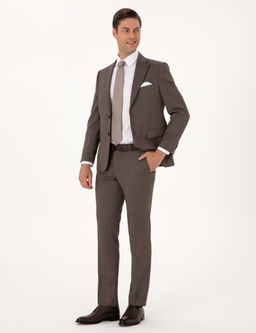 Kahverengi Slim Fit %100 Y_n _izgili Tak_m Elbise
