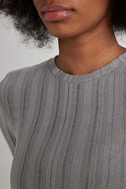 Приталенная футболка с длинным рукавом и круглым вырезом - Defacto фото 8