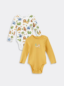 Bask?l? Uzun Kollu Erkek Bebek ??t??tl? Bodysuit 2li