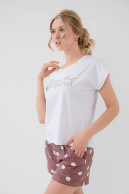 Пижама женская из футболки и шорт из кулирки Алиса горох бордо