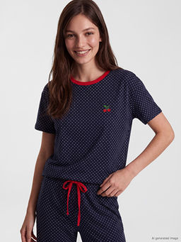 Bisiklet Yaka Puantiyeli Kad?n Pijama Tak?m