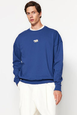 Lacivert Oversize/Geni_ Kesim Fit Hayvan Nak__l_ __i Polar/S_cak Tutan Sweatshirt TMNAW23SW00191