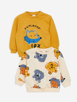 Bisiklet Yaka Uzun Kollu Bask?l? Erkek Bebek Sweatshirt 2li