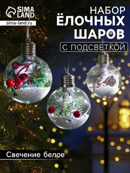 Набор ёлочных шаров Зимний лес, 3 шт, d=8 см, 1 LED, от батареек, свечение белое