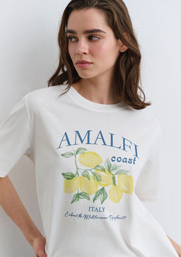 Amalfi Bask?l? Beyaz Tisort