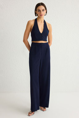 Koyu Lacivert Wide Leg/Genis Paca Pilili Dokuma Pantolon TWOSS21PL0189