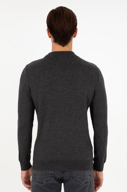 Erkek Slim Fit _eyrek Bal_k__ Yaka Antrasit Melanj Basic Triko Kazak