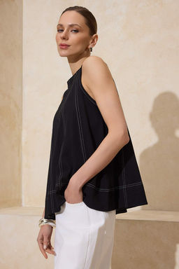 Siyah Relaxed Kolsuz Dikis Detayl? Tok %100 Pamuk Orme Bluz TWOSS26BZ00170