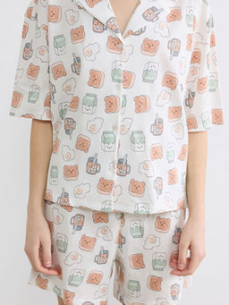 G?mlek Yaka Desenli Kad?n ?ortlu Pijama Tak?m?