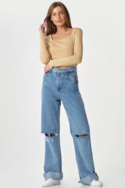 Лонгслив трикотажный с квадратным вырезом из хлопка хаки - Fly фото 16