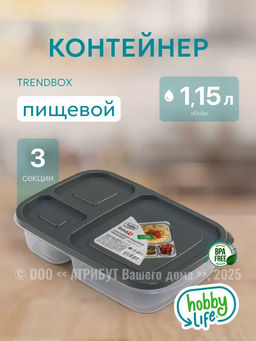 Контейнер пищевой TRENDBOX, серый, 3 секции, с крышкой, прямоугольный - Hobby Life фото 2