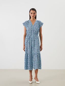 V Yaka ?i?ekli Belden Oturtmal? Elbise