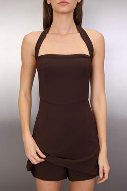 Koyu Kahverengi Etek Gorunumlu Dokuma Tulum TWOSS25TU00071 - Trendyolmilla фото 3