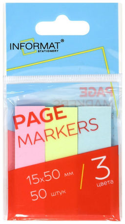 Цена за 10 шт. Закладки клейкие бумажные INFORMAT 15х50 мм 50 шт по 3 цв. ассорти пастельные