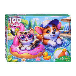 Пазлы 100 "Котенок и щенок в бассейне"
