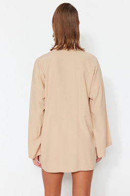 Plaj Giyim Bej Dokuma Yuksek Bel Mini Kimono-Sort Tak?m TBESS23AU00089