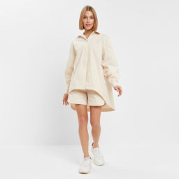 Костюм женский (рубашка, шорты) MINAKU: Oversize, молочный, размер 46