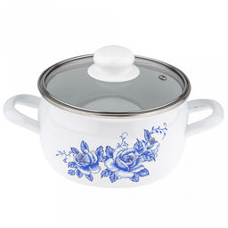 "Морозная роза" Кастрюля эмалированная 2,0л, форма полусфера, стеклянная крышка, нержавеющий ободок (Россия)