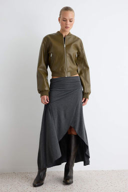 Antrasit Viskon S_prem B_zg_ Drape Detayl_ Kruvaze Etek Ucu Asimetrik Midi _rme Etek TWOAW27ET00018