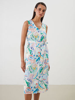 V Yaka Desenli Ku?akl? Elbise