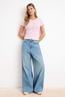 Pembe Dugmeli Vucuda Oturan Bisiklet Yaka K?sa Kol Fitilli Esnek Orme Bluz TWOSS25BZ00548