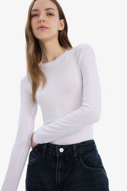 Fitted Bisiklet Yaka Basic Duz Uzun Kollu Tisort