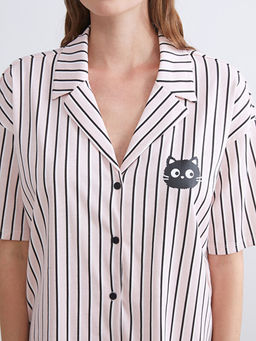 G?mlek Yaka ?izgili Kad?n Pijama Tak?m