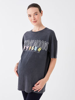 Bisiklet Yaka Daisy Duck Bask?l? K?sa Kollu Oversize Hamile Ti??rt