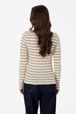 Kad_n Koyu Bej _izgili Bisiklet Yaka Sweatshirt