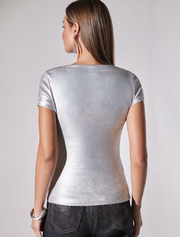 Футболка облегающая из хлопка в рубчик с вырезом лодочка с матовым покрытием металлик - Vilatte фото 3