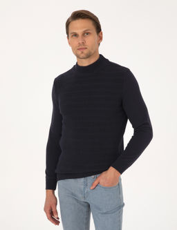 Lacivert Slim Fit Yar_m Bal_k__ Yaka Triko Kazak